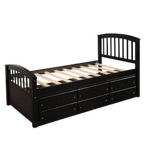 Espresso Twin Size Platform Storage Bed Solid Wood Bed with 6 Drawers