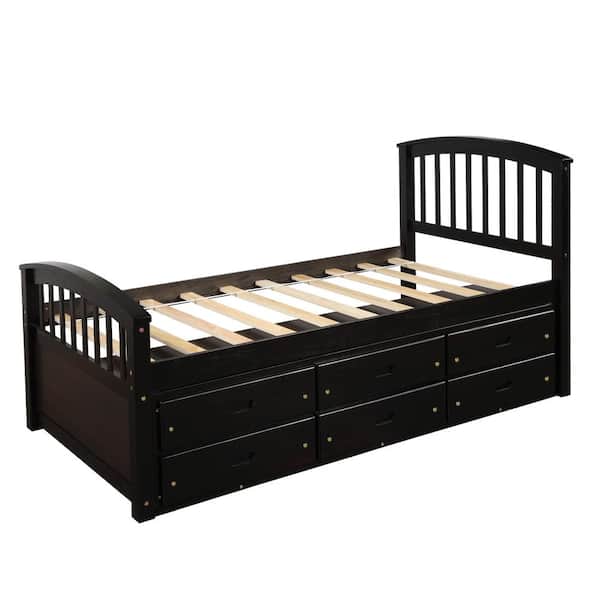 Espresso Twin Size Platform Storage Bed Solid Wood Bed with 6 Drawers