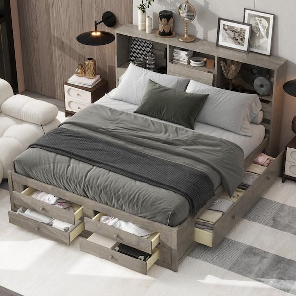 Gray Wood Frame King Size Platform Bed with Storage Headboard and 8 Drawers