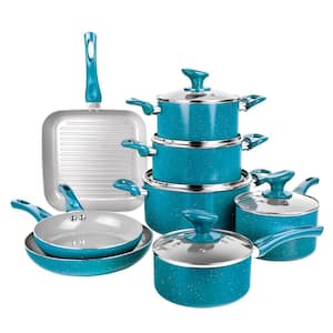 Farmhouse 13-Piece Aluminum Ultra-Durable Chalk Grey Diamond Infused Nonstick Coating Cookware Set in Speckled Turquoise