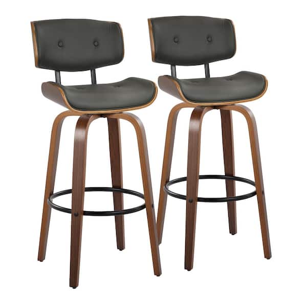 Lumisource Lombardi 30.5 in. Grey Faux Leather, Walnut Wood and Black Metal Fixed-Height Bar Stool Round Footrest (Set of 2)
