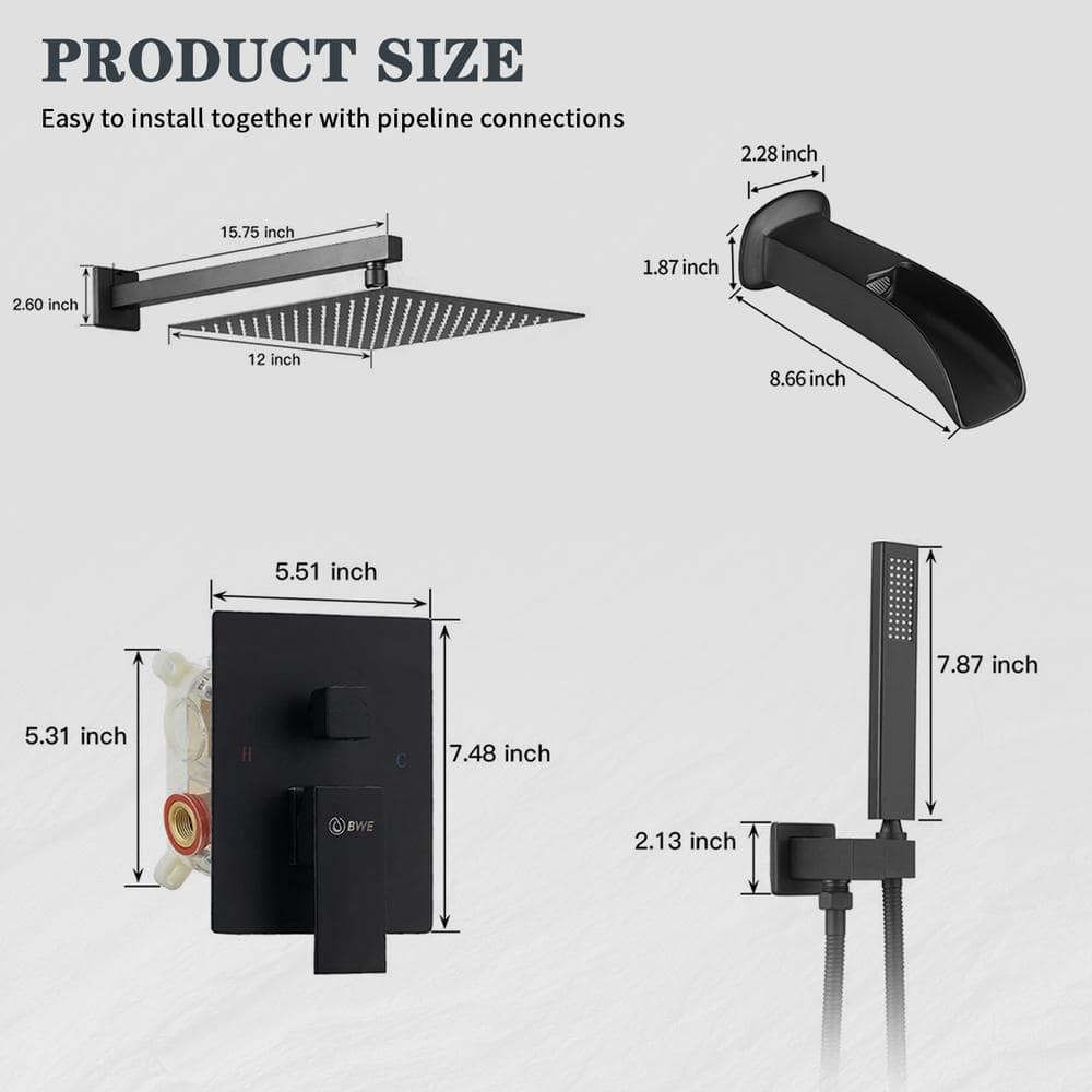 Matte Black Stainless Steel Square Rain Shower Faucet Set