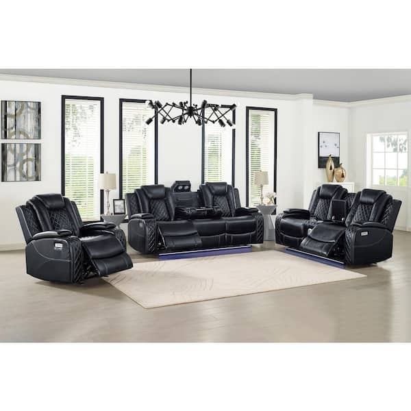 New Classic Furniture Orion II 3-Piece Black Faux Leather Living Room Set with Power Footrest and Headrest