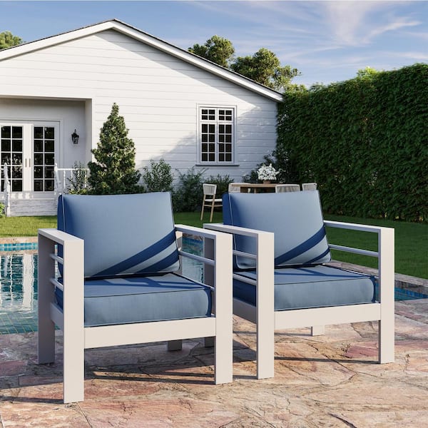 Poteban White Aluminum Patio Outdoor Lounge Chair with Blue Cushions (2-Pack)