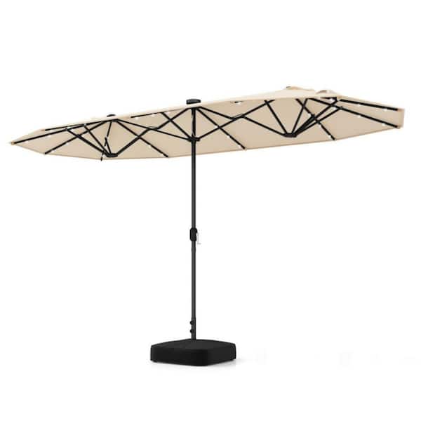 13 ft. Solar Double-Sided Patio Umbrella with 36 LED Lights, Crank and Base in Beige