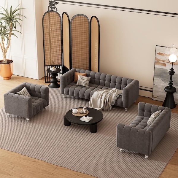 Harper & Bright Designs Modern Tufted Gray 3-Piece Polyester Living Room Set