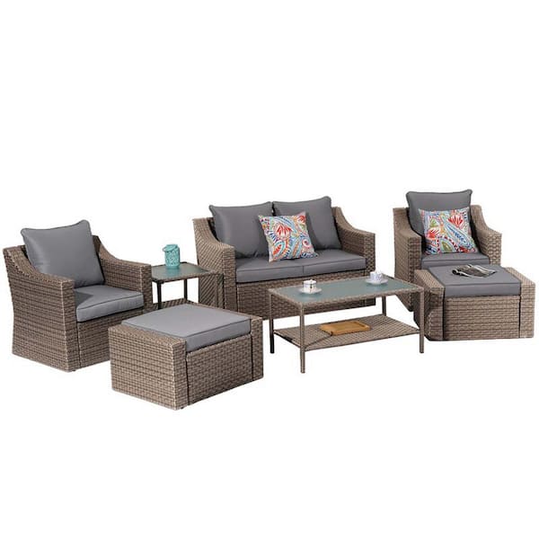 Zeus & Ruta 7-Pieces Outdoor Black PE Wicker Patio Conversation Sets with 10-Piece Gray Washable Cushion and Tempered Glass Table