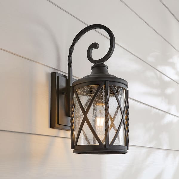 Walcott Manor 18.75 in. Black Outdoor Hardwired Wall Lantern Sconce with Clear Seeded Glass