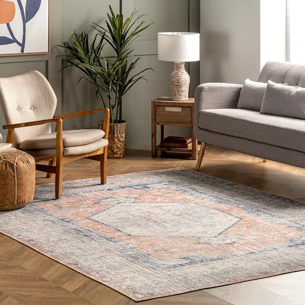 Jacquie Machine Washable Vintage Floral Peach Doormat 3 ft. x 5 ft. Indoor Area Rug