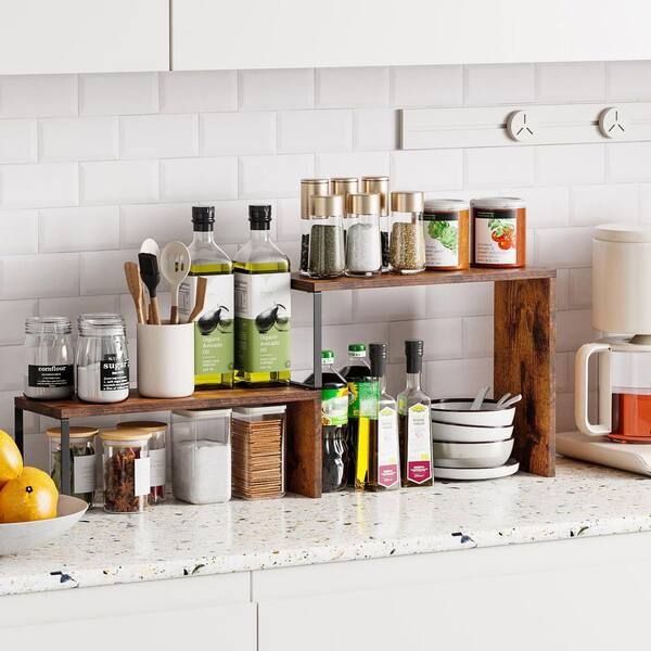 2-Tier Rustic Brown Countertop Storage Organizer Stackable Expandable Shelf, Space-Saving Wood & Metal Rack