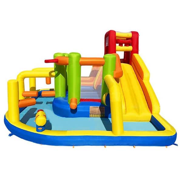 Inflatable Bounce House with Water Slide, 10ft Long, Blue, Obstacle Course, Climbing Wall, Splash Pool, Dump Bucket