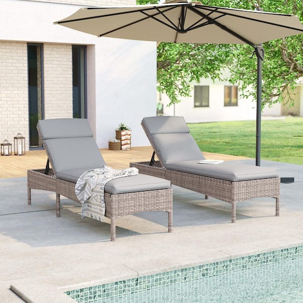 Outdoor Patio Wicker Chaise Lounge Chairs with Adjustable Inclination Angles, Gray Cushion