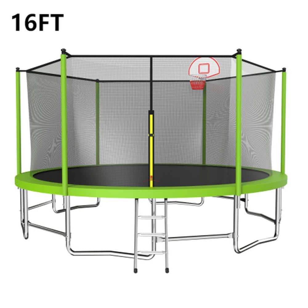 16 ft. Outdoor Recreational Trampoline with Basketball Hoop Enclosure Net L