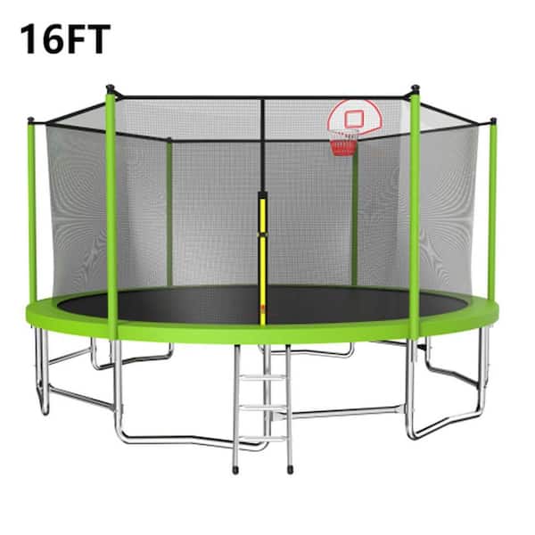 Unbranded 16 ft. Outdoor Recreational Trampoline with Basketball Hoop Enclosure Net Ladder for Kids Adults for Garden, Green