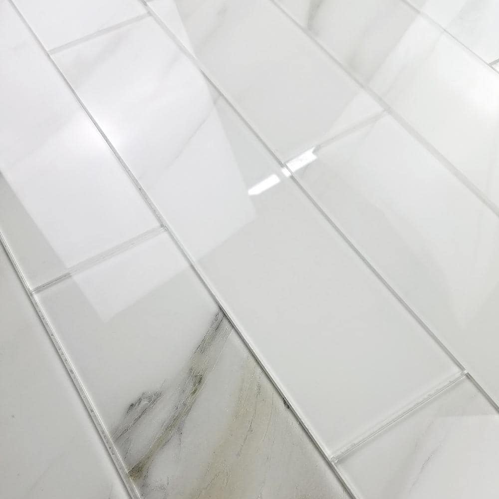 Glossy Calacatta White 4x16 Marble Look Glass Subway Tile