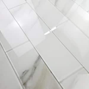 Tuscan Design Glossy Calacatta White Subway 3 in. x 3 in. Marble Look Glass Wall Tile Sample