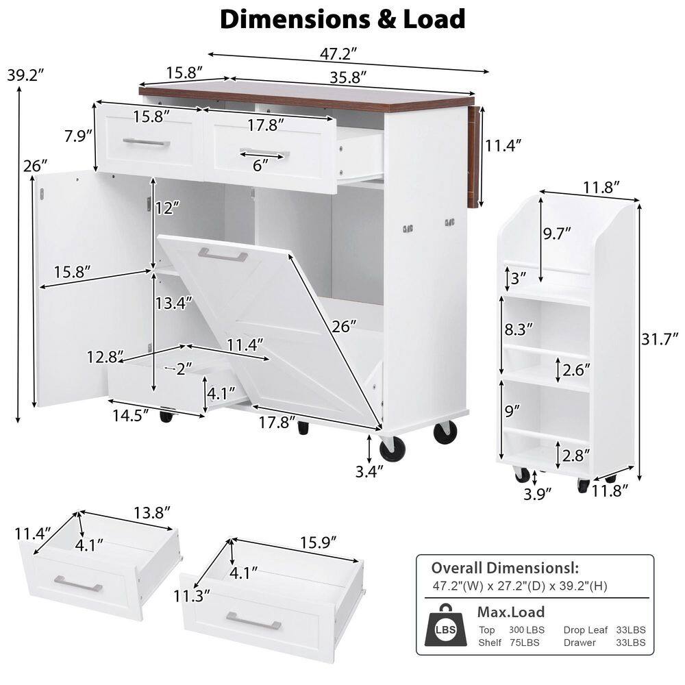 Black Kitchen Cart with Removable Side Racks, Drop-Leaf, Trash Can Cabinet, Adjustable Shelf, Pull-out Divider Shelf - thumbnail 7
