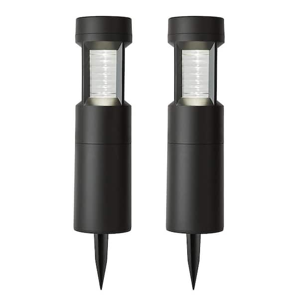 Hampton Bay Limestone Solar 10 Lumens Matte Black Integrated LED Bollard Light with Motion Sensor and Adjustable Height (2-Pack)