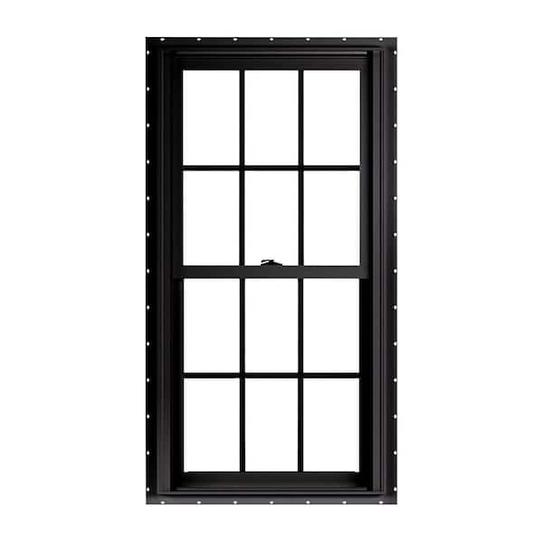 27.75 in. x 54 in. 70 Series Low-E Argon Glass Double Hung No J Black Vinyl Fin Window with Grids, Screen Included