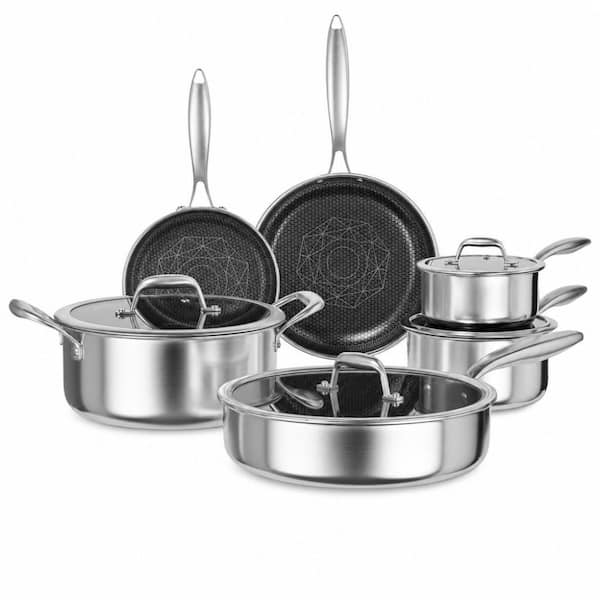 10-Piece Stainless Steel Nonstick Cookware Set, Ceramic Coated Non-Toxic Pots and Pans, Induction Compatible in Silver