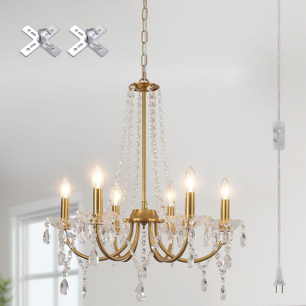 19.68 in. 6-Light Gold Modern Plug in Crystal Chandelier Lighting Fixture with 15. 75 ft. Long Plug in White Cord price history on PriceWatchPro