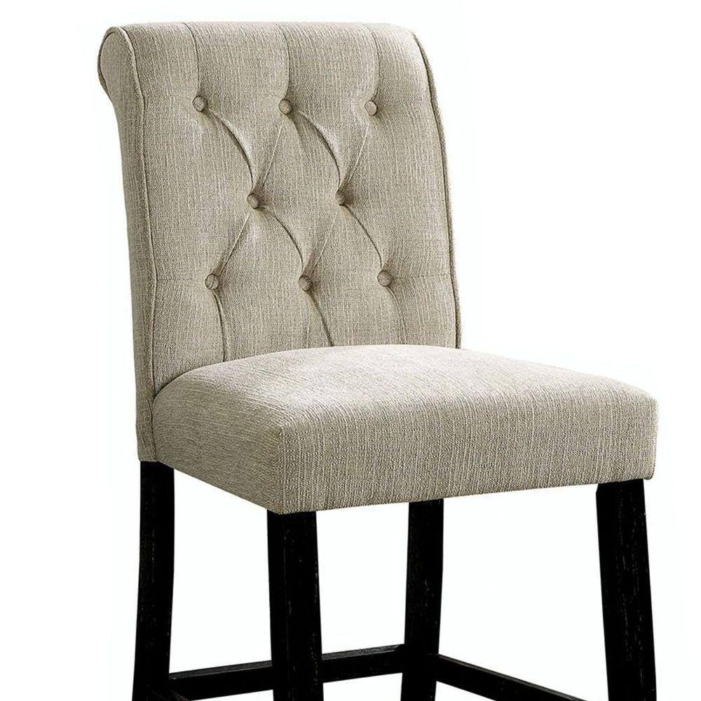 Ivory Cream Chenille and Bold Black Wooden Counter Height Chair, Set of 2