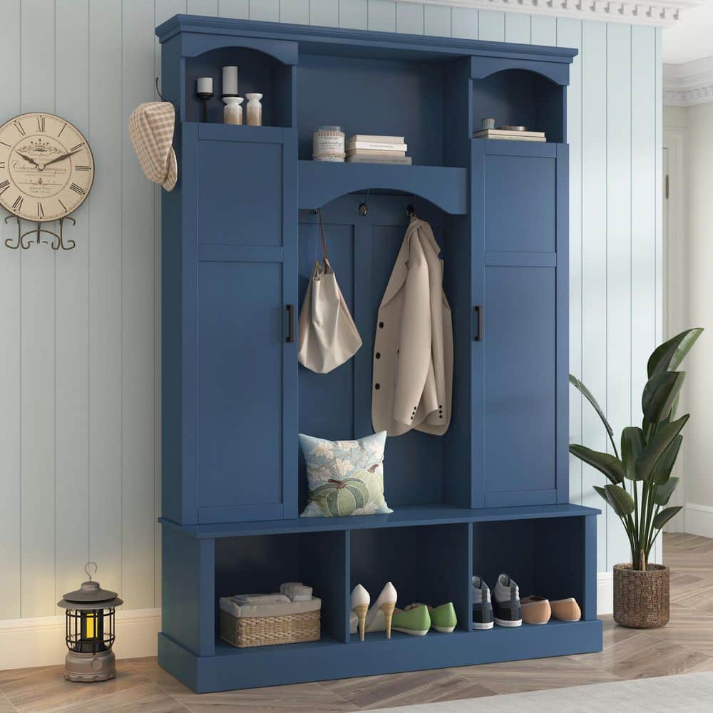 Arched Farmhouse Blue Hall Tree with 7 Hooks, Adjustable Shelves, Dual Side Cabinets, Coat Entryway Storage Bench price history on PriceWatchPro