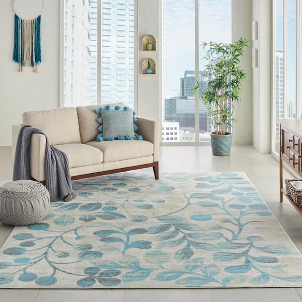 Tranquil Ivory/Turquoise 8 ft. x 10 ft. Floral Modern Area Rug