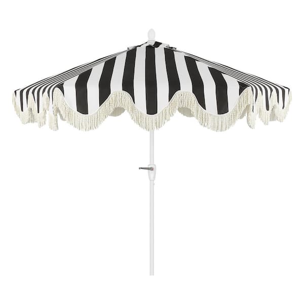 Collins 9 ft. Classic Cottage Fringe Tassel Market Patio Umbrella in Black and White Stripe/Cream, White Pole