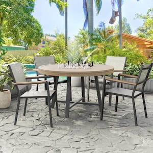 Lyon Brown 5-Piece Metal/Teak Round 3-in-1-Outdoor Dining Set With Stackable Chairs and Chess Set