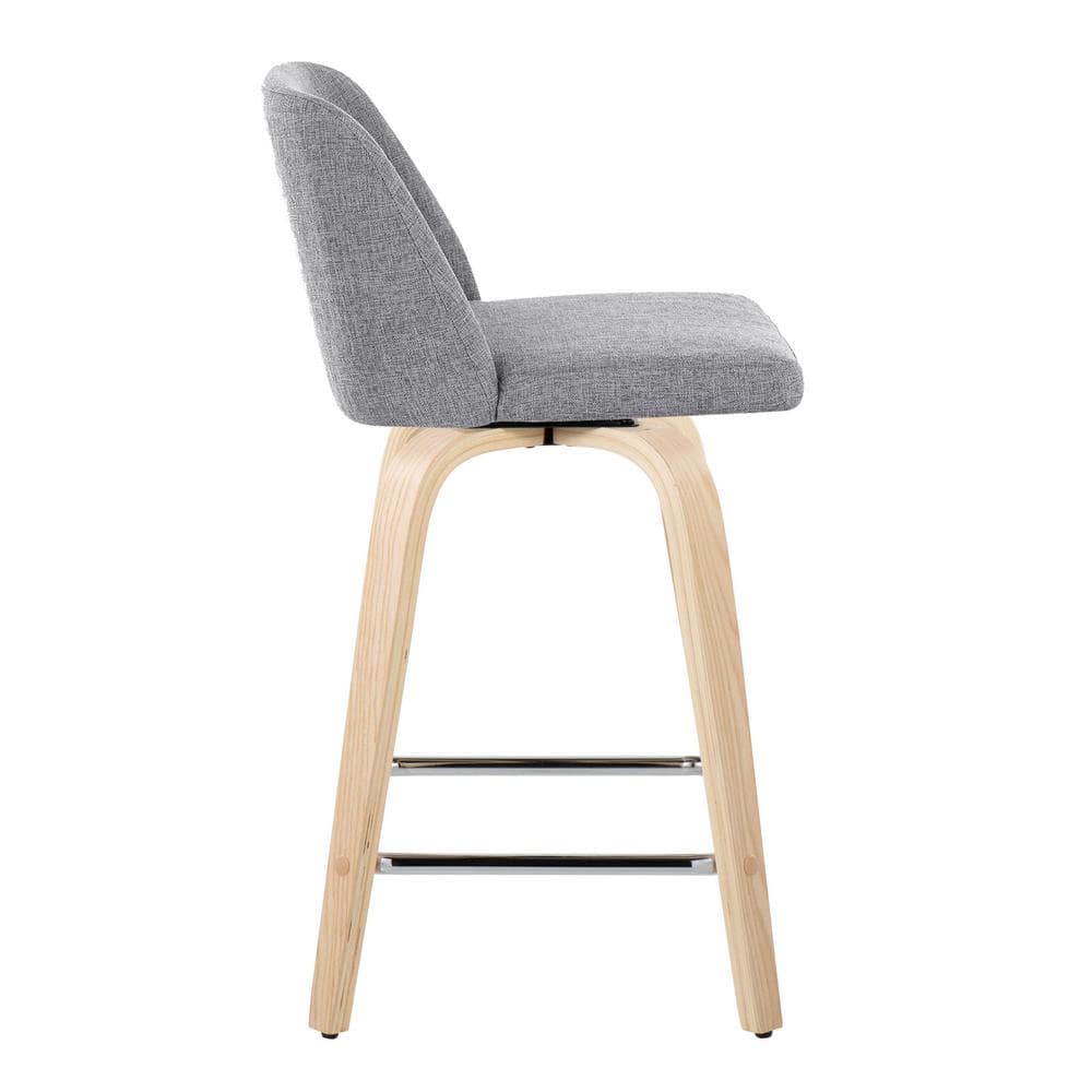 Gray Upholstered Swivel Counter Stool with Wood Legs