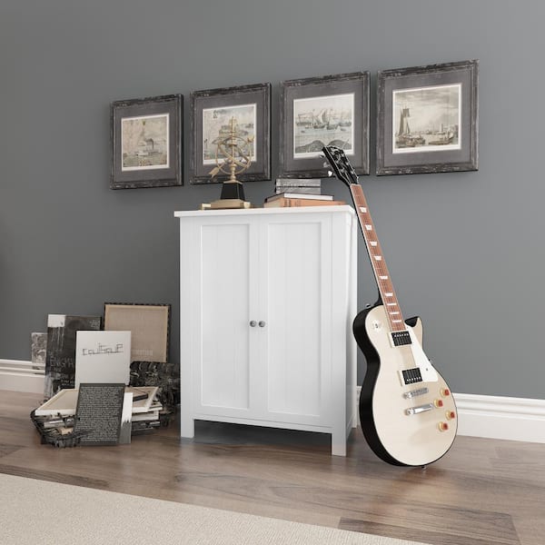 White Bathroom Floor Storage Cabinet with Double Door Adjustable Shelf