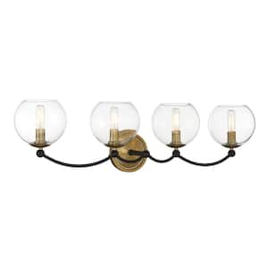 Kearney Park 31.125 in. 4-Light Black and Soft Brass Vanity Light with Clear Glass Shades