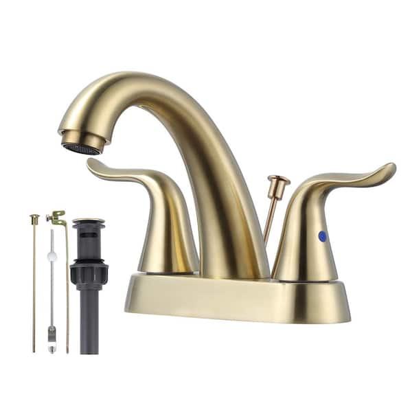 IVIGA 4 in. Centerset Double Handle Gooseneck Bathroom Faucet with Drain Kit and Supply Lines Included in Gold