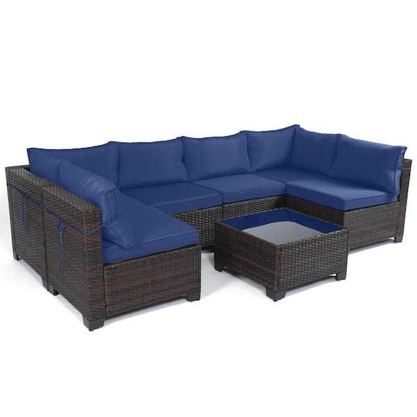 LeveLeve 7-Pieces Outdoor Patio Furniture Sets, Weaving Wicker Patio Sofa, Rattan Conversation Sectional Set with Tea Table Blue