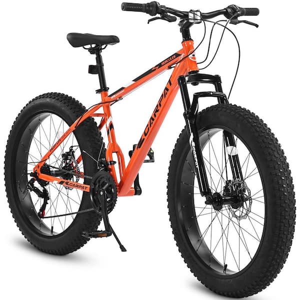 26 in. Fat Tire Steel Frame Full Shimano 21 Speed Front Suspension Mountain Trail and City Bike-Dual Disc Brake Orange