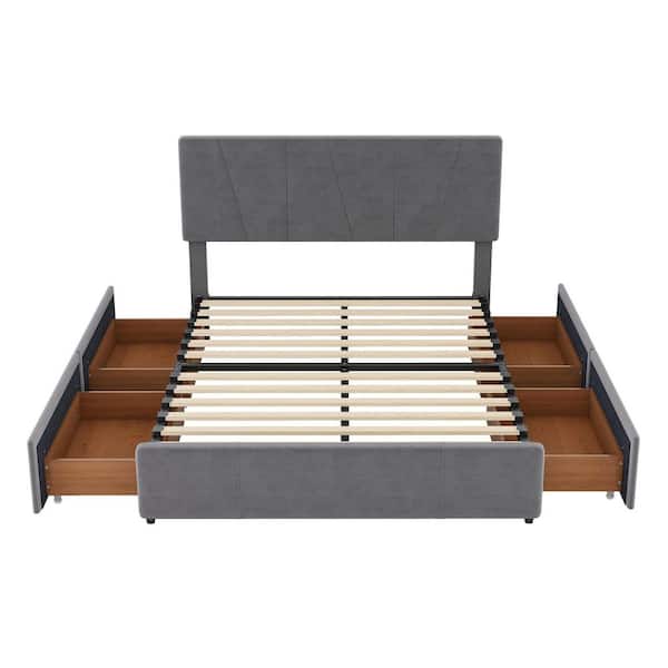Donason Gray Wood Frame Full Size Upholstery Platform Bed with Four Drawers on Two Sides, Adjustable Headboard