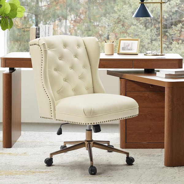 Jill Traditional Faux Leather Botton Tufted Office Chair in Ivory with Nailhead Trims
