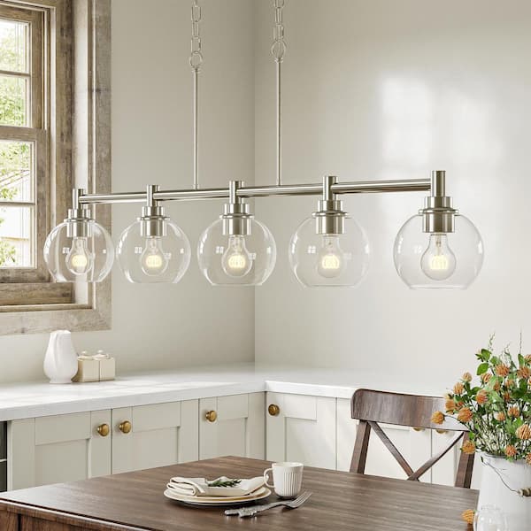 60-Watt 5-Light Nickel Kitchen Island Pendant Light Fixture with Clear Glass Shades and No Light Bulb Included