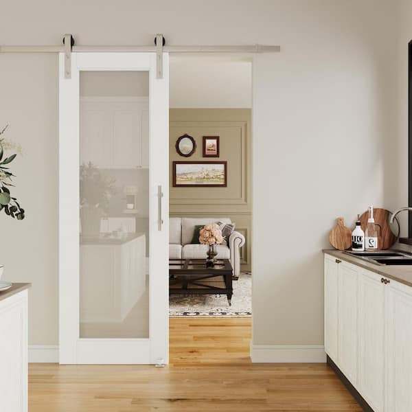 ARK DESIGN 24 in. x 80 in. 1 Lite Tempered Clear Glass White Primed Composite MDF Sliding Barn Door with Hardware Kit Nickel Plated