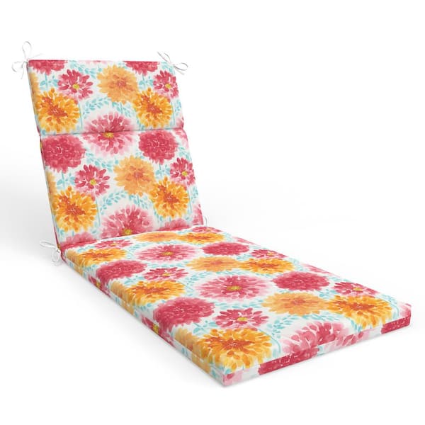 Pillow Perfect Bright Floral 21 in W x 3 in H Outdoor 1-Piece Split Back Chaise Lounge Cushion 1-Count in Pink Gardenia Bloom