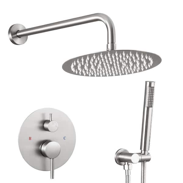 AKLFGN Single Handle 2-Spray 8 in. Round Shower Faucet 2.5 GPM with 360° Swivel Adjustable Heads in Brushed Nickel