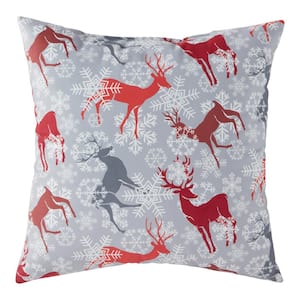 Red and Gray Reindeer Holiday 18 in. x 18 in. Throw Pillow