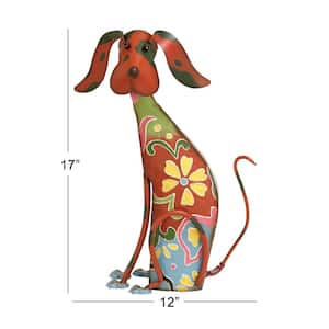 17 in. Metal Indoor Outdoor Dog Garden Sculpture with Floral Pattern