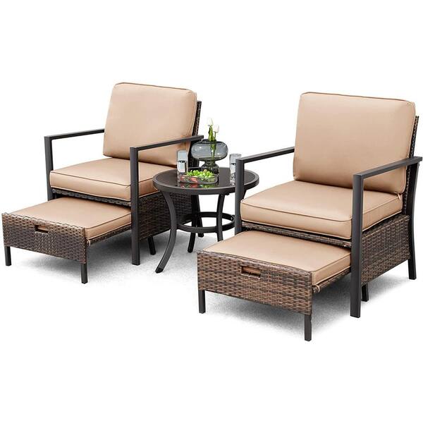 OUPES 5-Piece Brown Wicker Luxury Patio Conversation Set with Ottoman and Champagne Spong Cushions