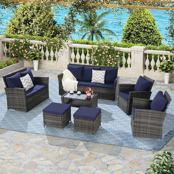 Sudzendf 7-Piece Wicker Outdoor Conversation Patio Furniture Set with Dark Blue Cushions