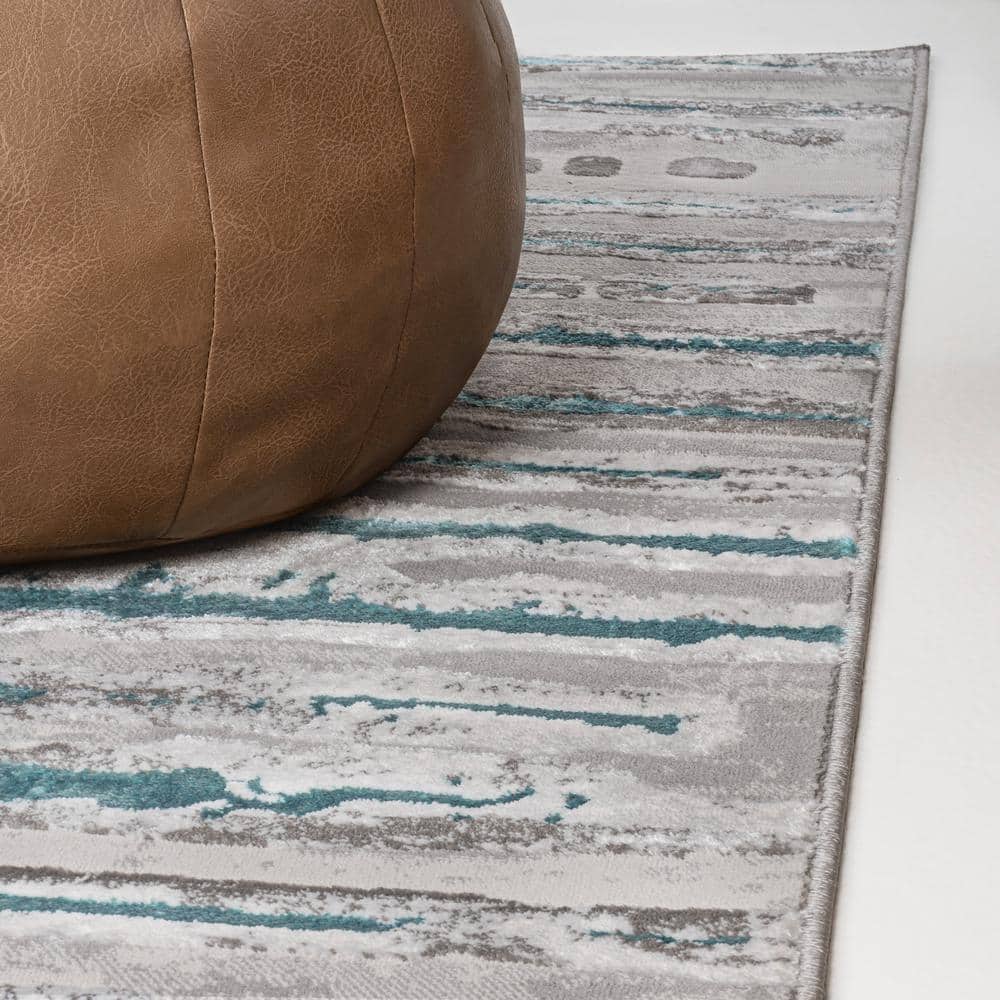 Gray and Turquoise 8' x 10' Synthetic Stripe Area Rug