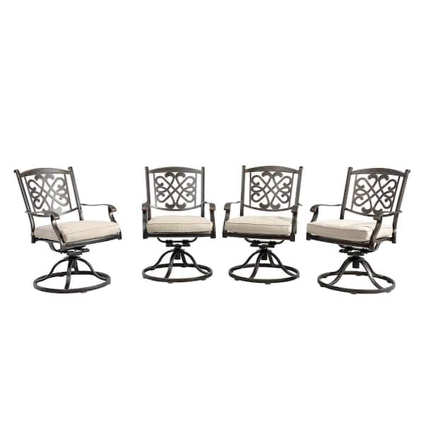 Mondawe Charcoal Gray Backrest Swivel Cast Aluminum Flower-Shaped Chairs Outdoor Dining Chairs with Beige Cushions (Set of 4)