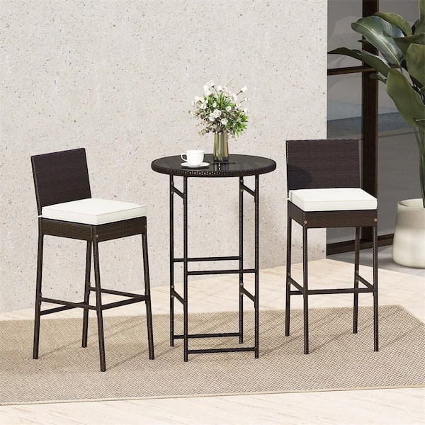 3 Piece Outdoor Plastic Metal Bar Set Patio Rattan Bar Height Table and Chairs with  Glass Tabletop in Off White