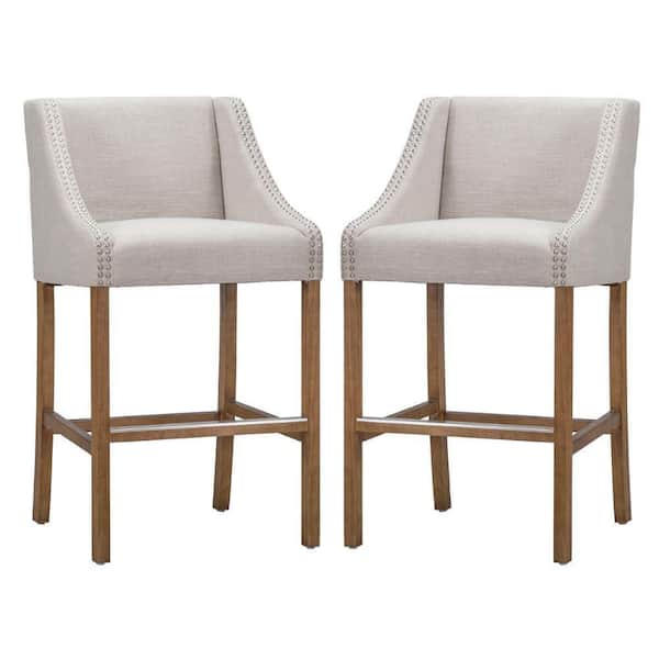 Benjara 41 in. H Beige and Brown Wood and Fabric Barstool with Swooping Track Arms